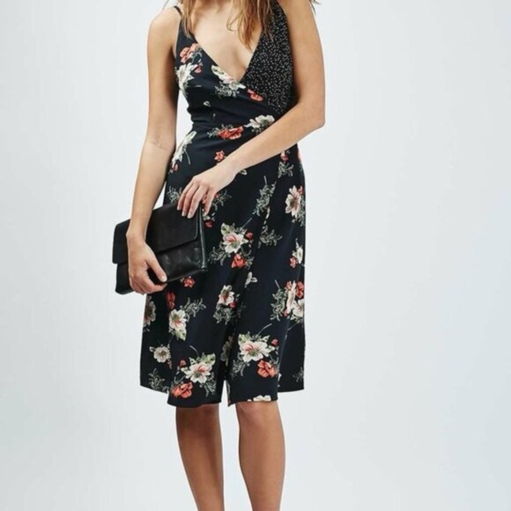 Topshop Black and Navy Floral Midi Dress